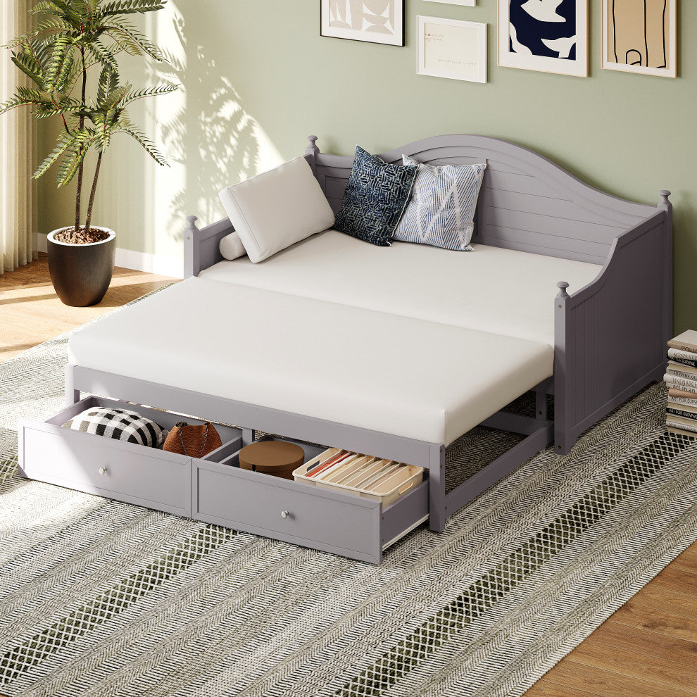 TATEUS Twin Size Wood Daybed with Extended Pop Up Trundle and Storage Drawers