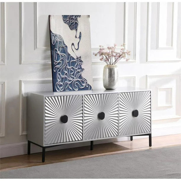 Contemporary Sideboard, Starburst Patterned Doors & Oval Pulls, Antique Silver