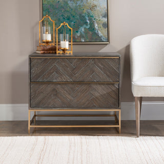 Lifestyle shot: dresser in a real room setting with decor.