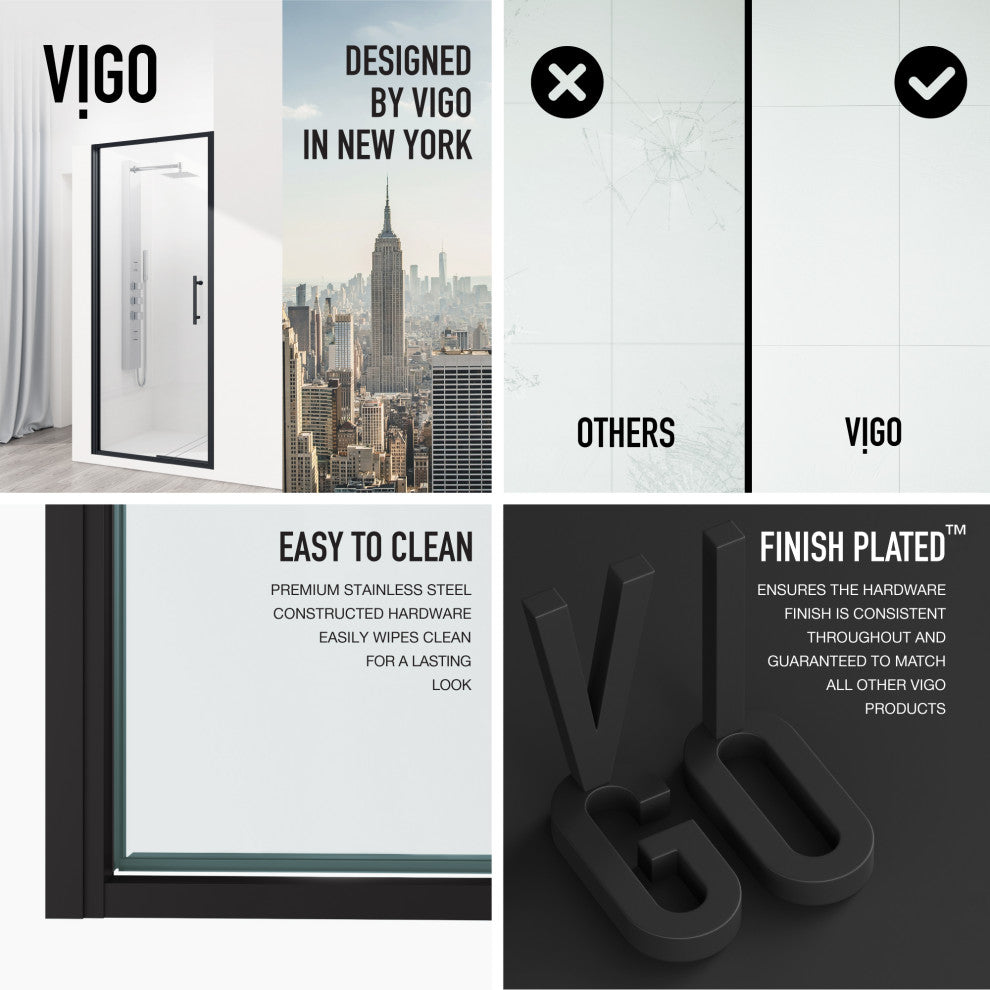 VIGO Astoria Framed Pivot Shower Door, Black, 30" W X 76" H, Clear Glass