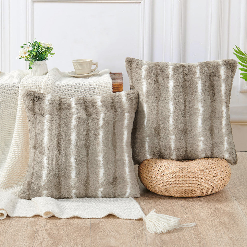 Amanda Stripe Faux Fur 2 Piece Pillow Shell Sets, Taupe Gray, 20"x20"