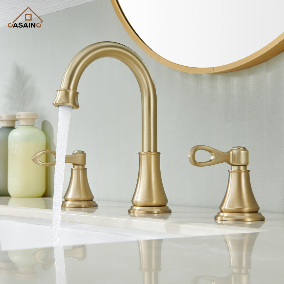 8in Brass Bathroom Sink Faucet 3 Hole Gold Bathroom Faucet 2 Handle Gold Faucet, Brushed Gold