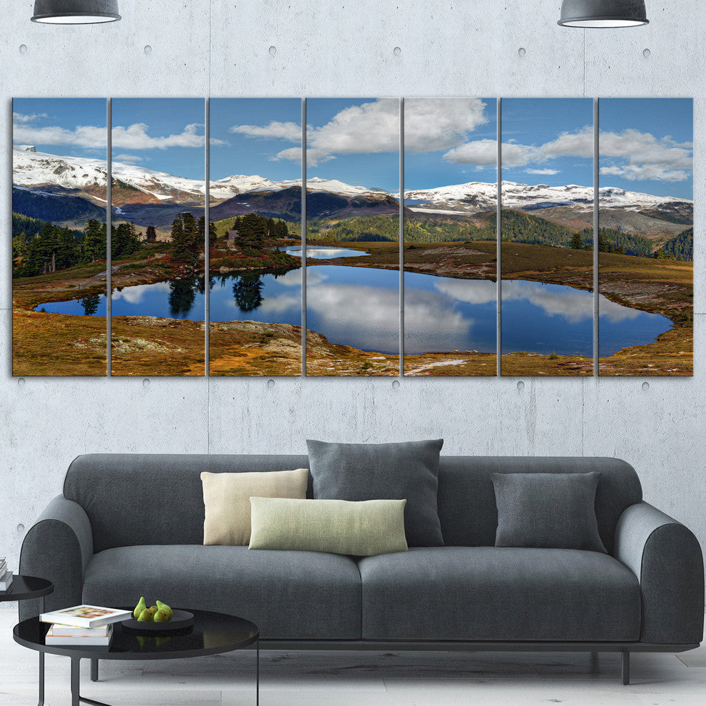 Lake with Pine Trees Reflecting Sky, Landscape Canvas Print, 83"x32", 7 Panels