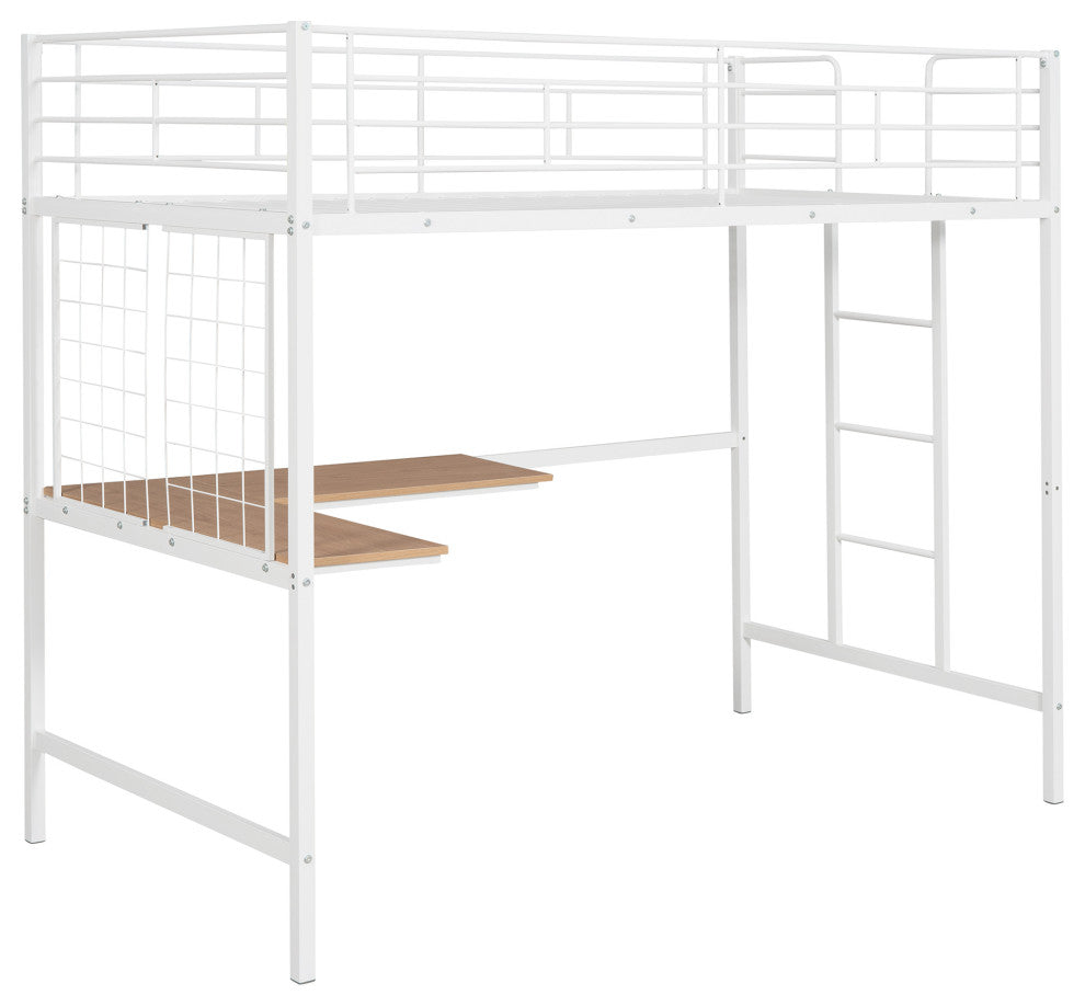 TATEUS Metal Loft Bed With Desk, Sturdy Metal Frame Guardrails Work and Play, White, Twin