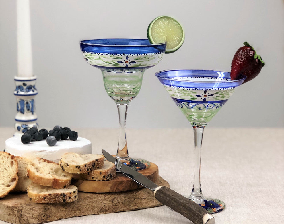 Blue Floral Margarita Glasses, Set of 2