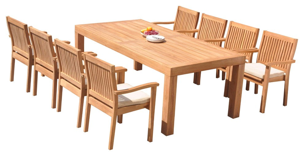 9-Piece Outdoor Teak Dining Set: 86" Rectangle Table, 8 Leveb Stacking Arm Chair