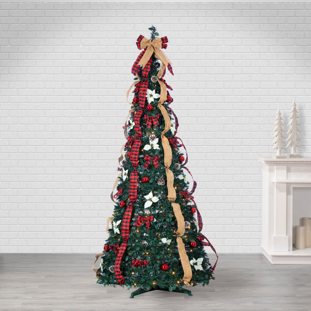 7.5' High Pop Up Pre-Lit Green Decorated Pine Tree With Warm White Lights