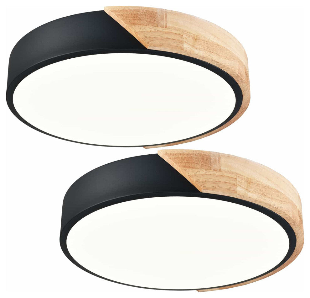 Modern LED Flush Mount Ceiling Light 2-Pack,Black and Wood Finish