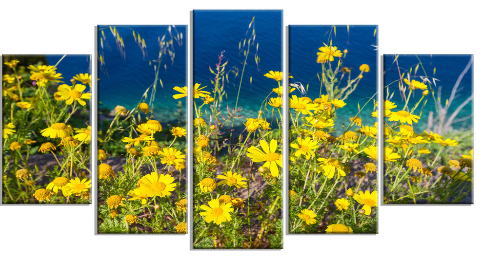 Wild Yellow Flowers over Sea Coast, Large Flower Canvas Print, 60"x32", 5 Panels