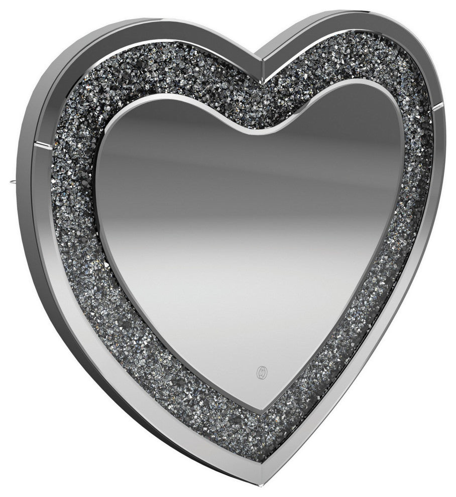 Benzara BM282038 Modern Vanity Wall Mirror, Heart, Crystal Frame, Glass, Silver