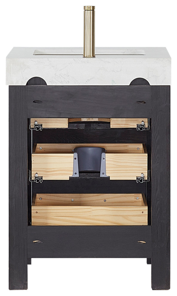 Leon Bath Vanity With Composite Stone Top, Fir Wood Black, 24", With Mirror