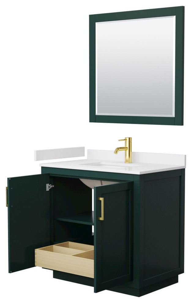 36"SGL Vanity Dark Blue, White Cult. Marble Top, Sink, Gold Trim, 34"Mirror