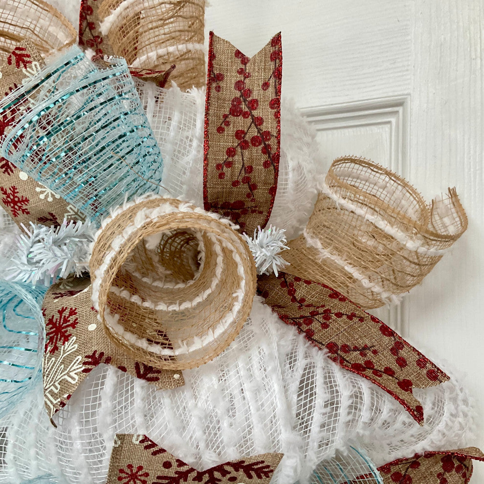 Cuddling Snowman Handmade Winter Wreath Deco Mesh