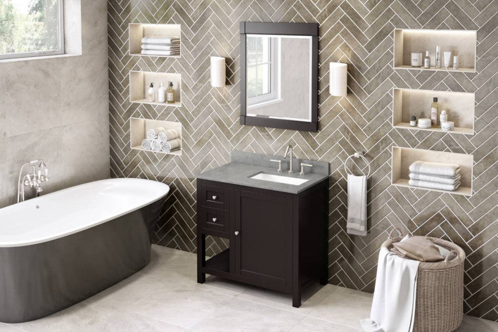 Astoria Transitional 36" Espresso Right Offset Sink Vanity, Steel Grey Cultured