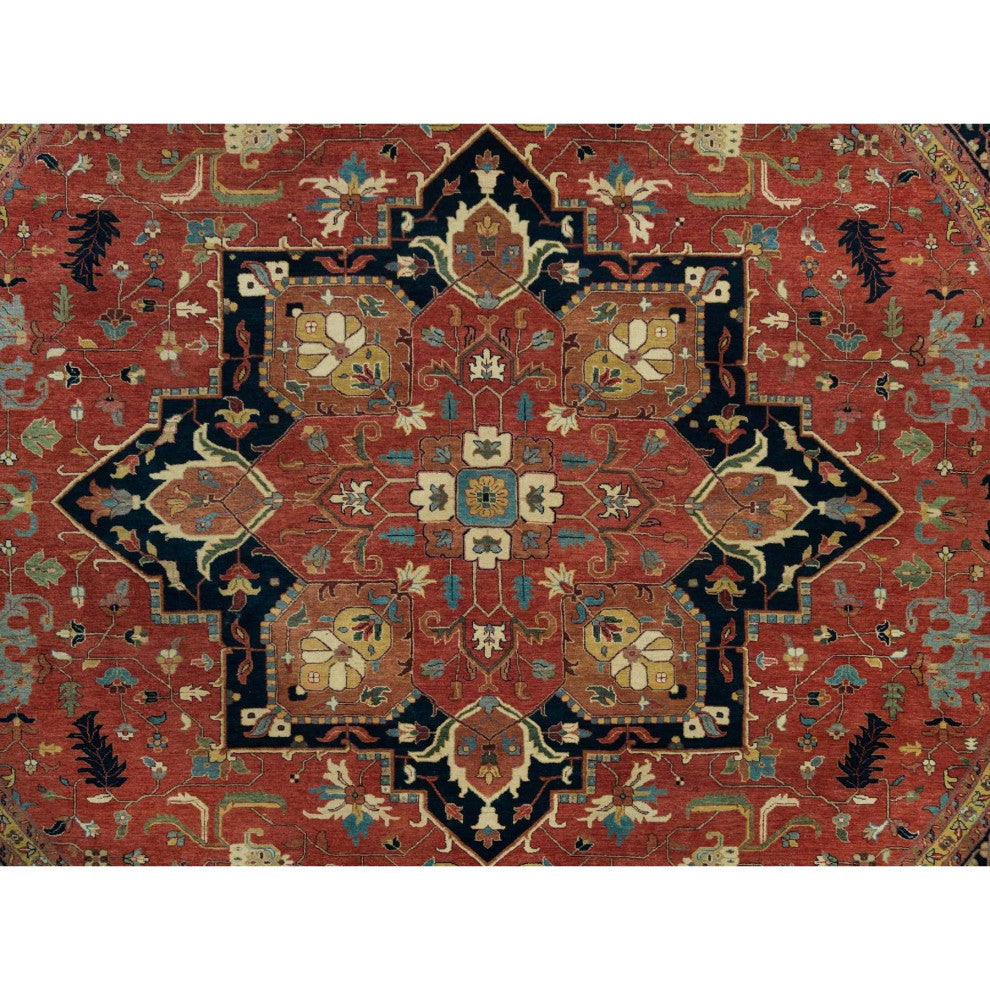 Red Hand Knotted Antiqued Fine Heris Re-Creation Wool Round Rug 11'10"x11'10"