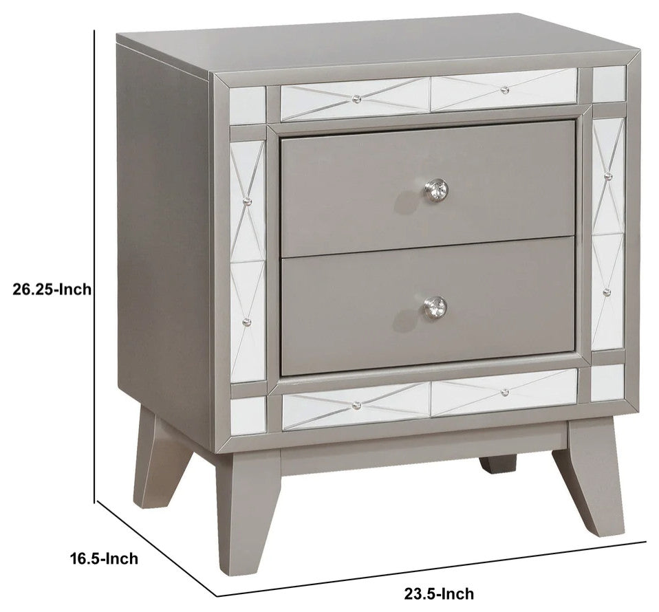 Benzara BM182715 Wooden Nightstand with 2 Drawers, Mercury Silver