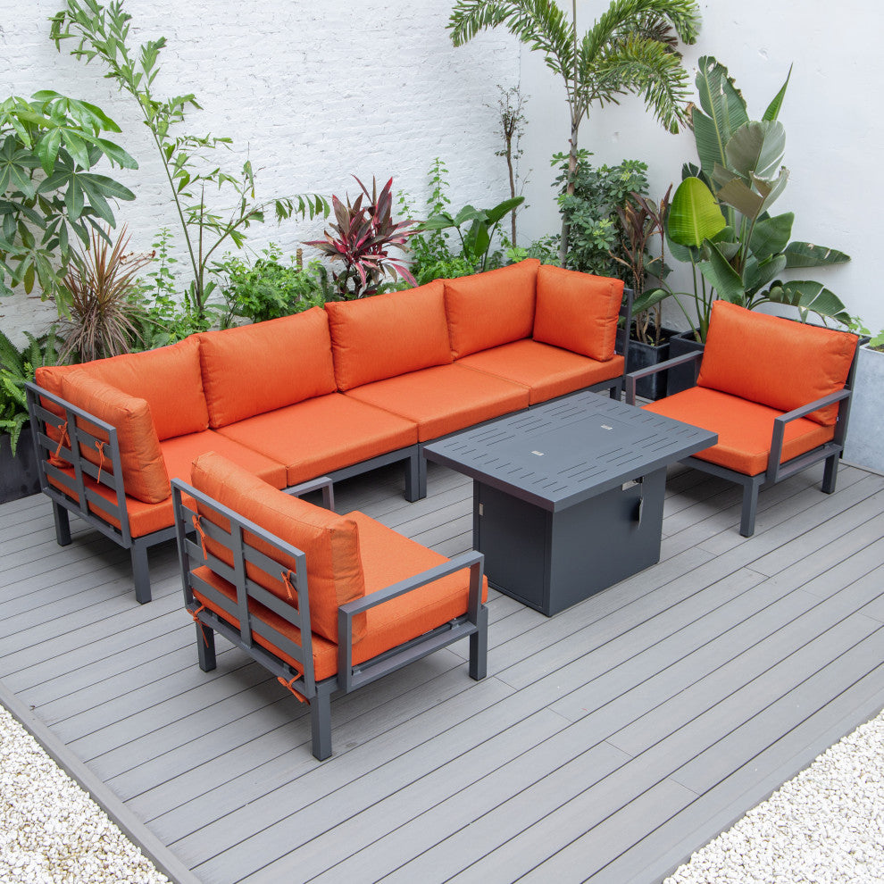 LeisureMod HSFBL-7OR Hamilton 7-Pcs Conversation Set Fire Pit Table&Cushions