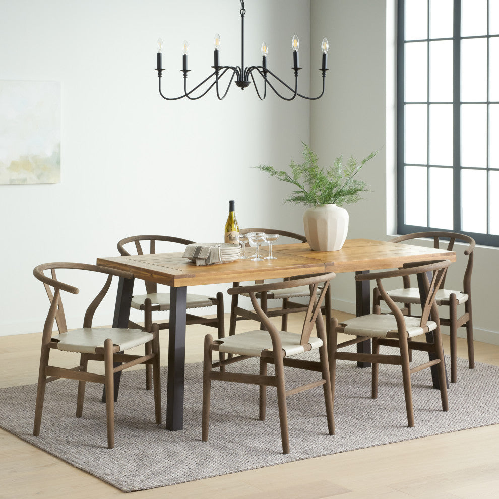 Egan Farmhouse Acacia Wood and Faux Leather 7 Piece Dining Set, Tan + Antique + Rustic Metal + Natural Stained