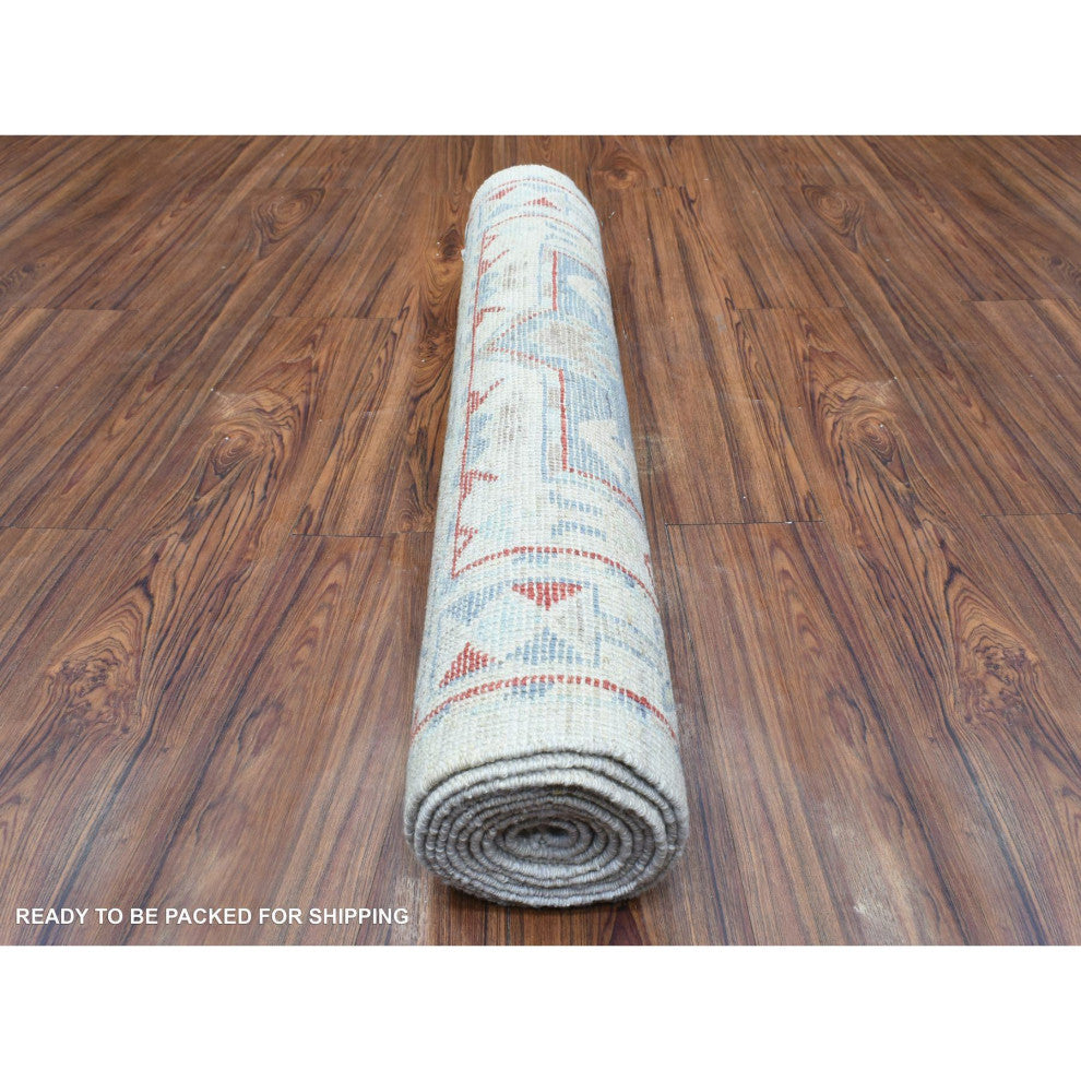 Gray Anatolian Inspired Geometric Hand Knotted Soft Wool Runner Rug, 3'1"x10'2"