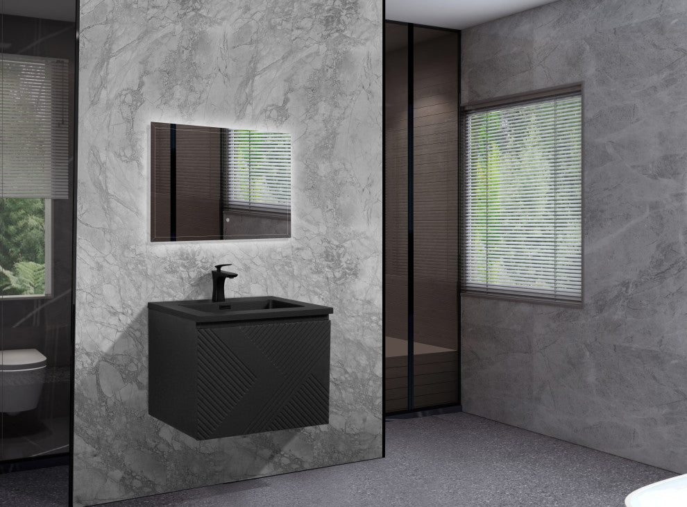 Matte Black Wall Mount Bath Vanity, Integrated Sink, Black Sink, 24"