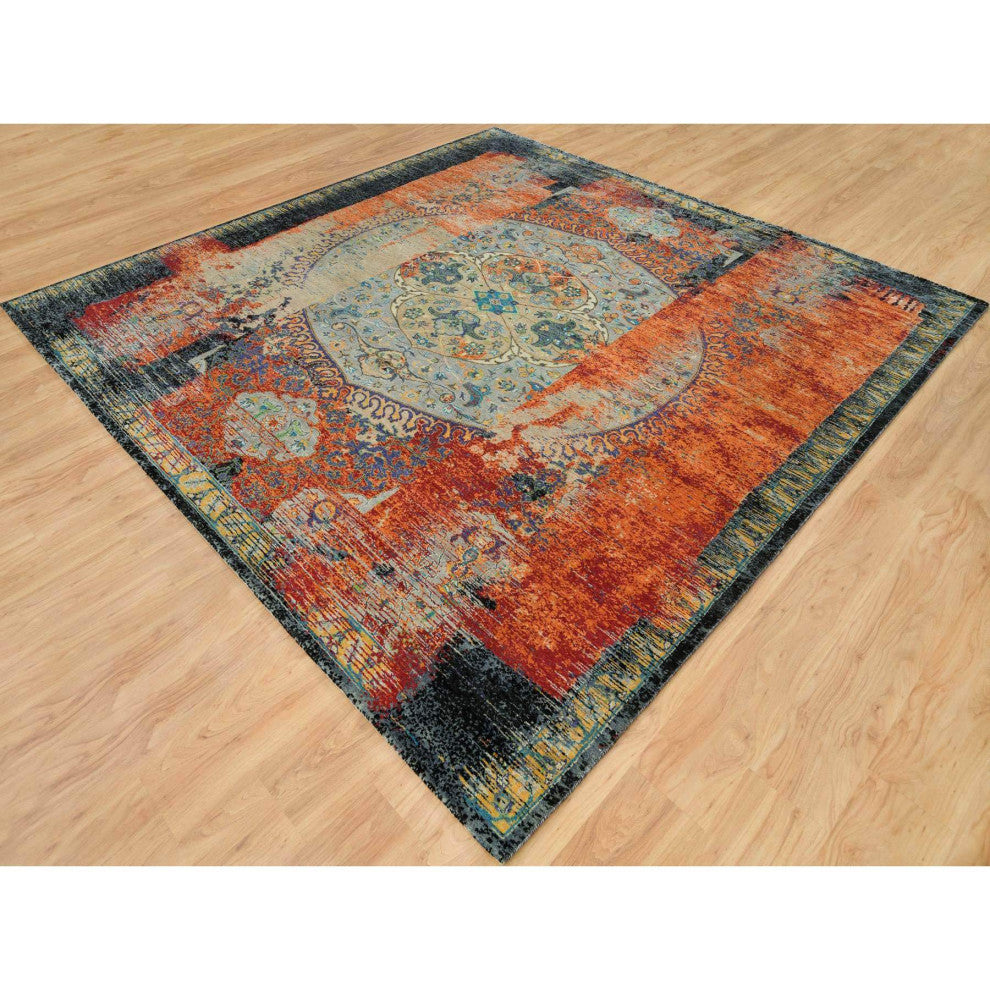 Orange Wool Hand Knotted Ancient Ottoman Erased Design Square Rug 10'2"x10'2"