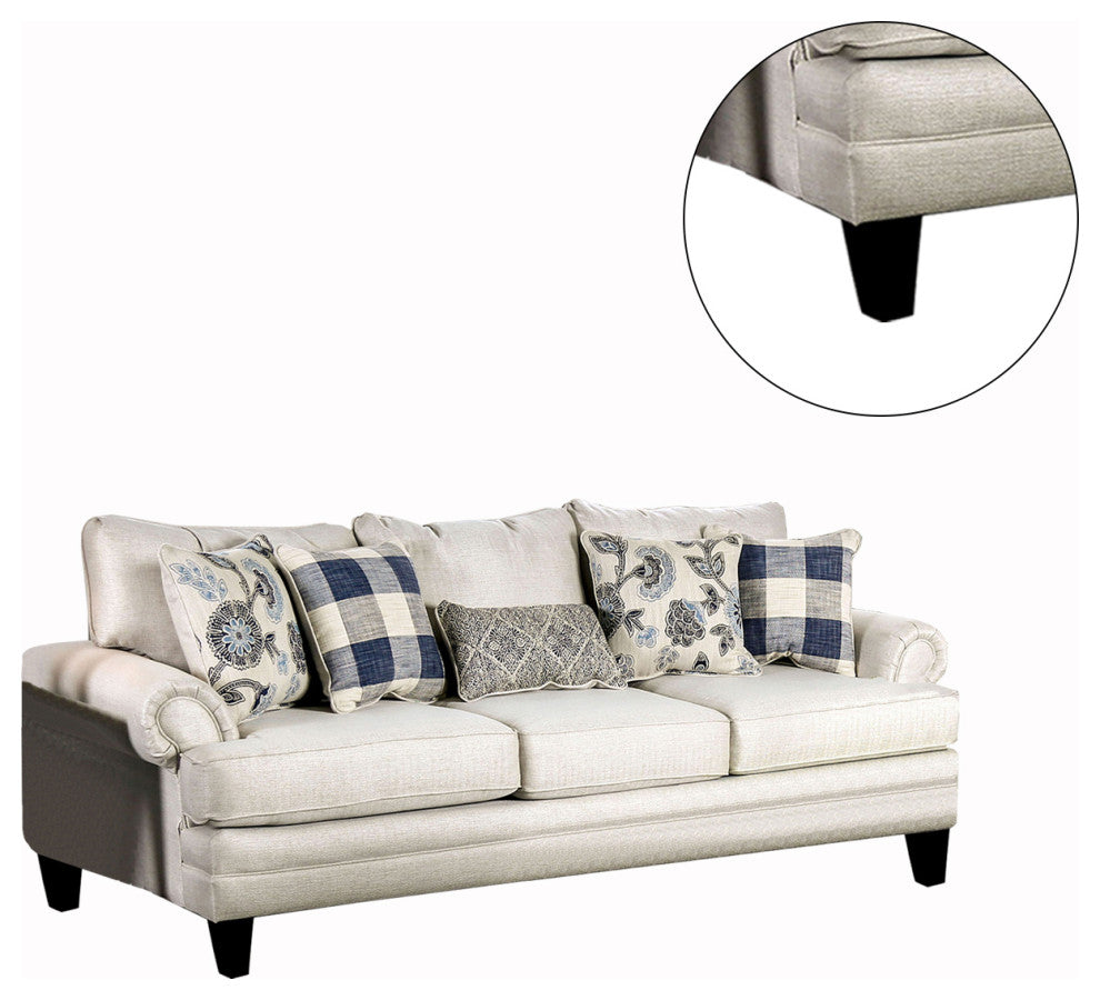 Linen-like Fabric Sofa with Rolled Arms Design, Ivory