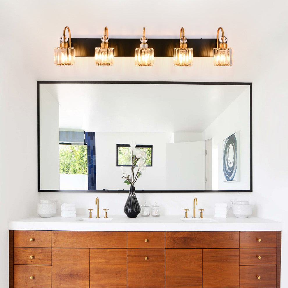 Dimmable Vanity Light With Crystal Accents, Black/Gold, 5 Light