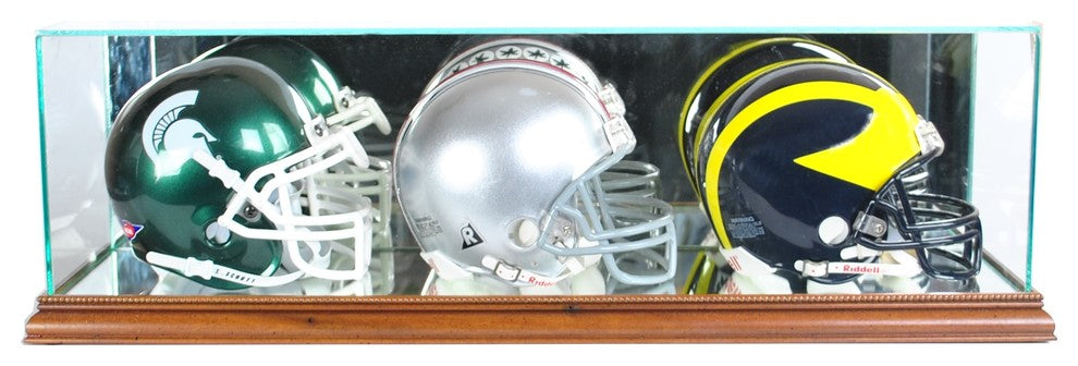 Triple Mini Football Helmet Display Case, Walnut