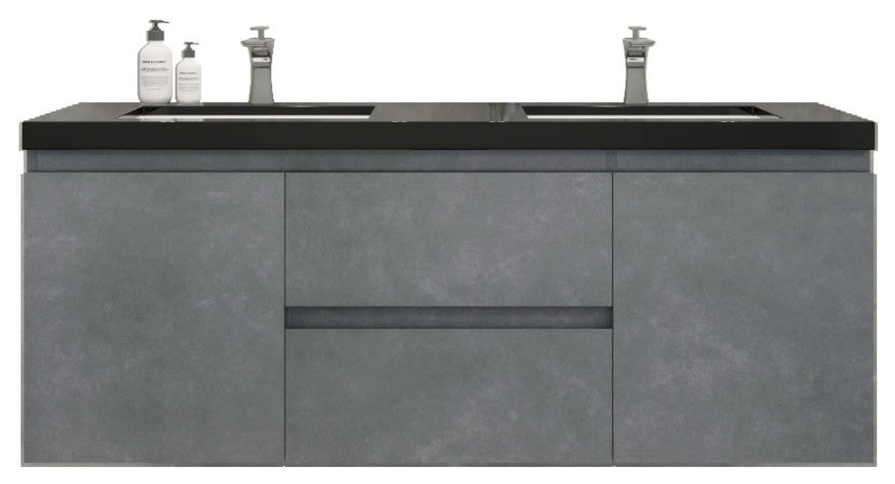Belli 60" Double Sink Wall Mount Vanity Set, Cement Gray, Matt Black Top
