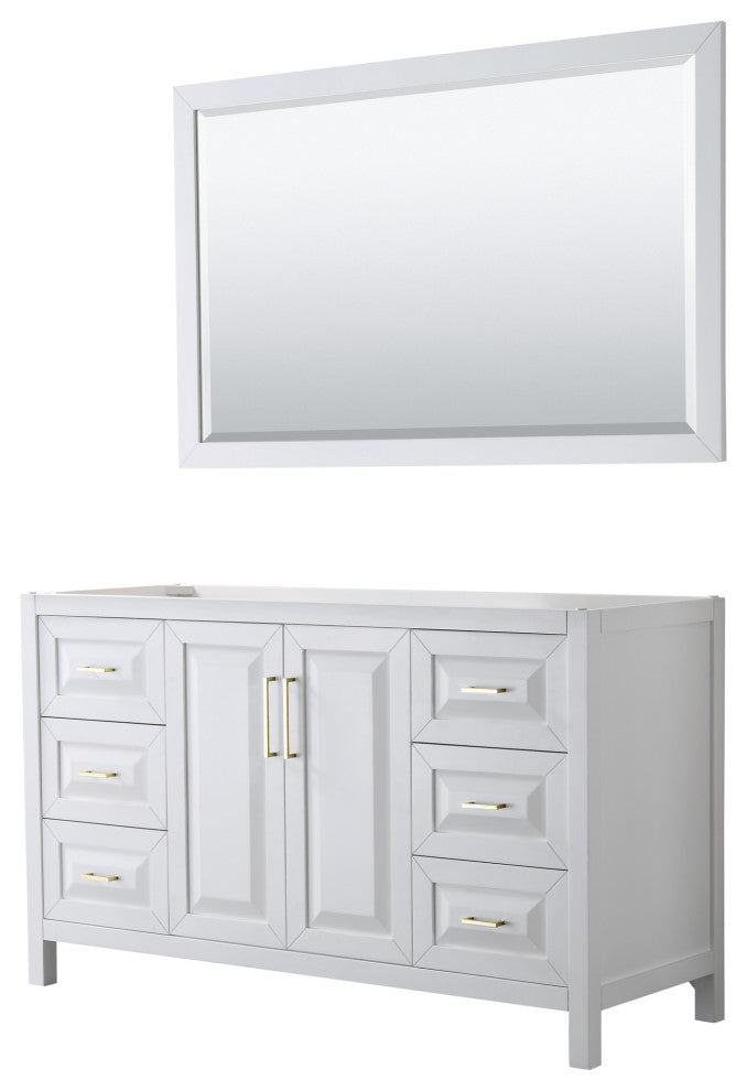 60" Single Bath Vanity, White, No Countertop, 58" Mirror, Gold Trim