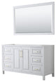 60" Single Bath Vanity, White, No Countertop, 58" Mirror, Gold Trim