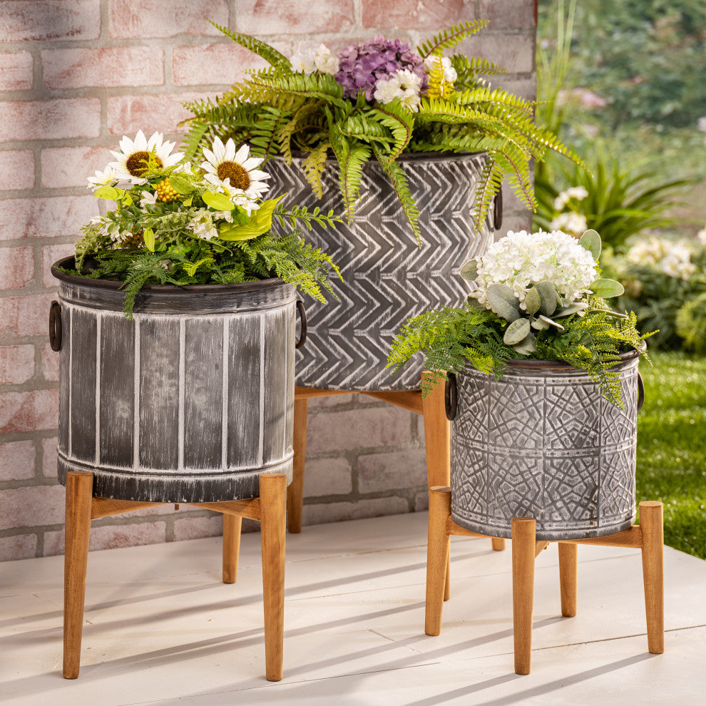 Set of 3, Assorted Metal Planters, Stands