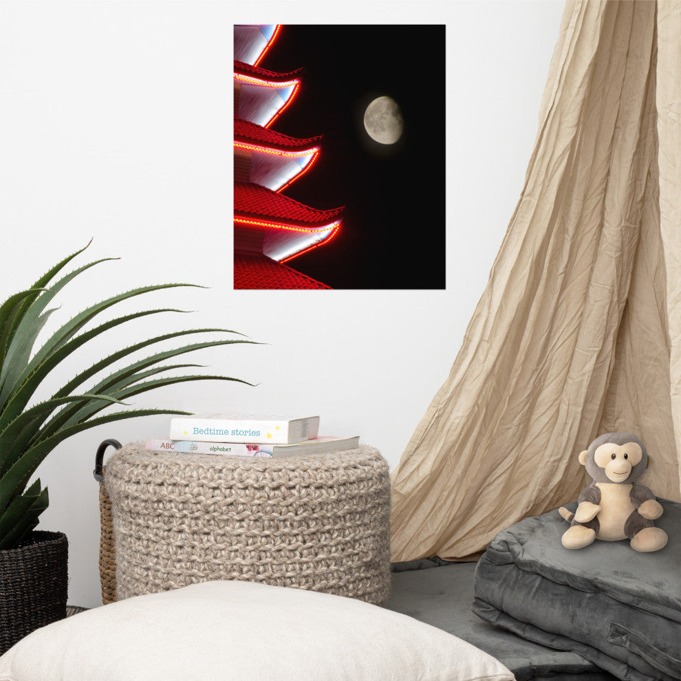 Moon Over Pagoda 1 Night Urban Photograph Unframed Wall Art Print, 16" X 20"