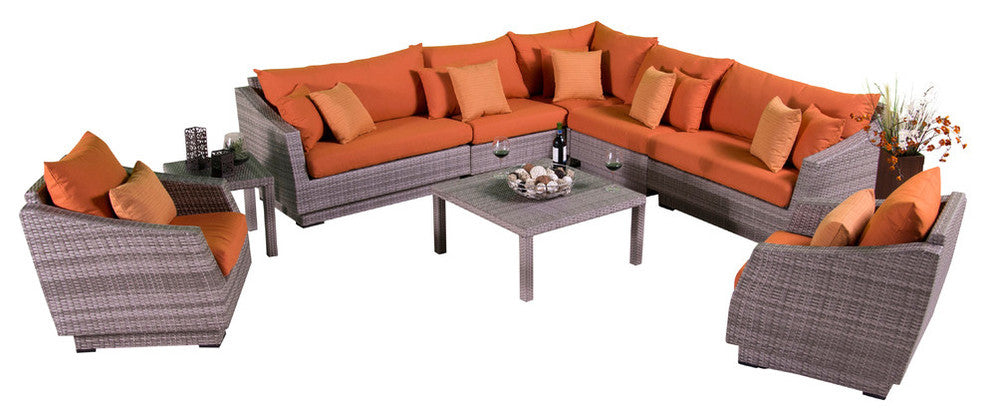 Cannes 9 Piece Sunbrella Outdoor Corner Sectional and Club Chair Seating Set, Tikka Orange
