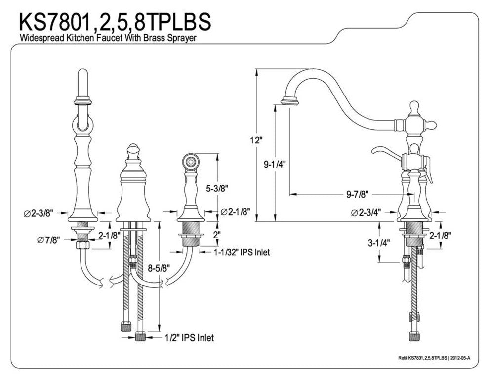 Single Handle Widespread Kitchen Faucet with Brass Sprayer KS7808TPLBS