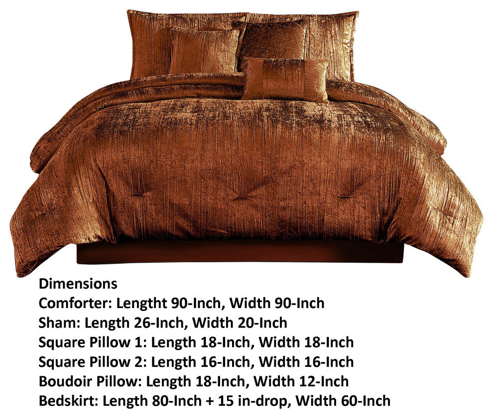Benzara BM283899 Jay 7 Piece Queen Comforter Set, Polyester Velvet, Copper