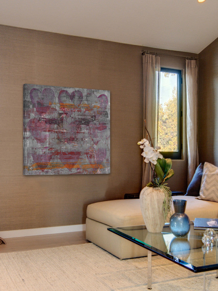"Pink Grey Hearts" Painting Print on Wrapped Canvas, 18"x18"