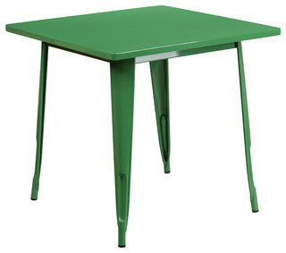 Commercial Grade 31.5" Square Green Metal Indoor-Outdoor Table Set, 4 Arm Chairs