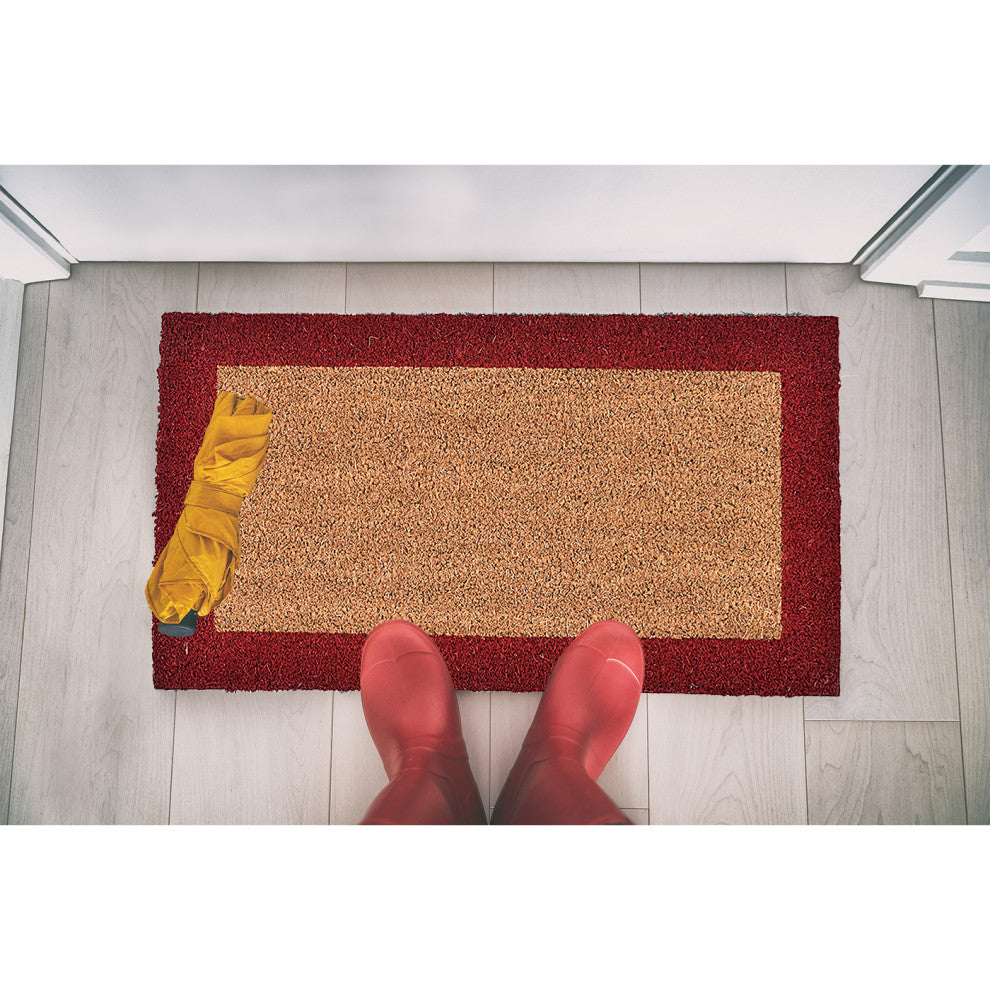 Sheltered Front Door Mat Coir Coco Fibers Rug 24x13, Natural/Red Borders