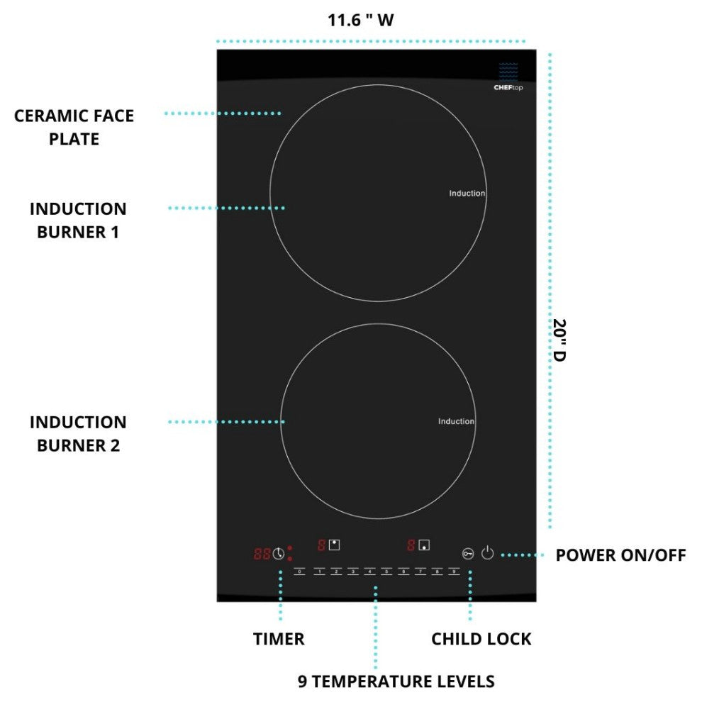 Cheftop Induction Cooktop, Portable Dual Induction Burners, 120V Digital Ceramic