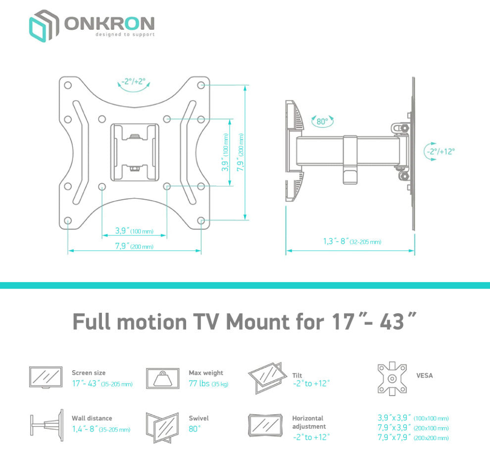 ONKRON TV Wall Mount Tilt Swivel for 17"� "“ 43 Inch LCD LED Screens up to 77 lbs