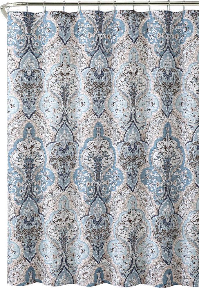 Calais Blue Brown White Damask Dobby Fabric Shower Curtain