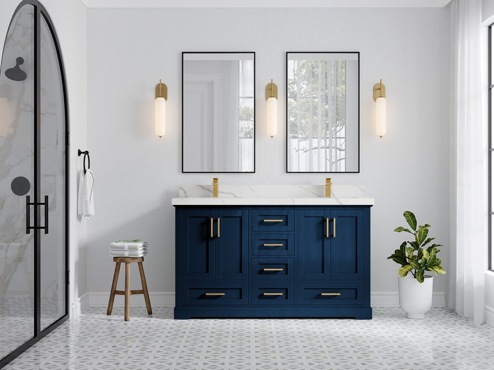 Boston 60 Double Bathroom Vanity in Navy Blue 2" Calacatta Laza