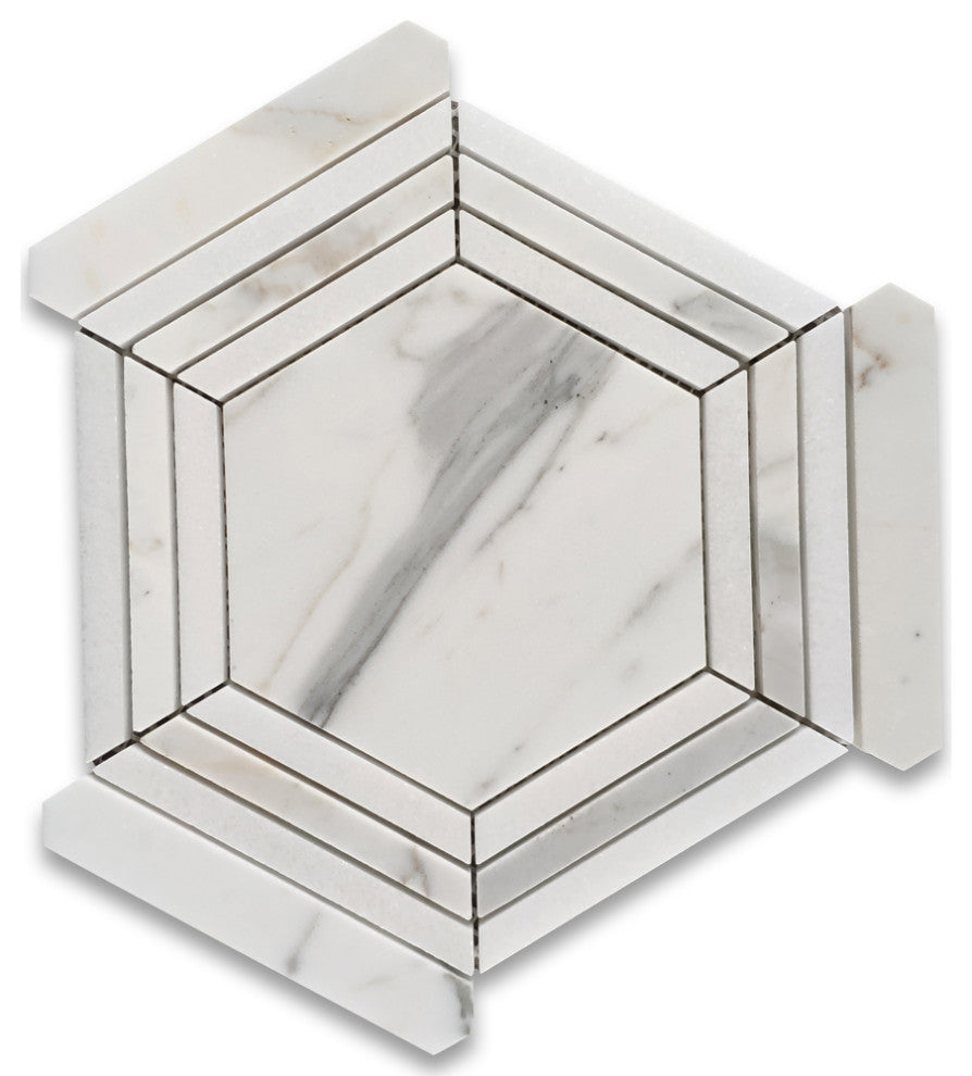 Calacatta Gold Marble Hexagon Georama Mosaic Tile Thassos White Honed, 1 sheet