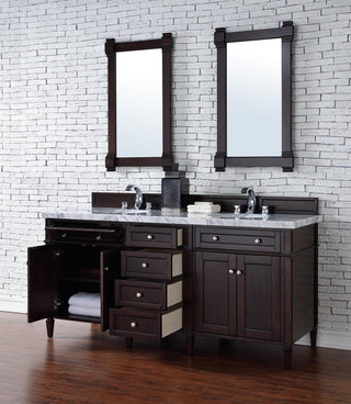Brittany 72" Burnished Mahogany Double Vanity, Arctic Fall Solid Surface