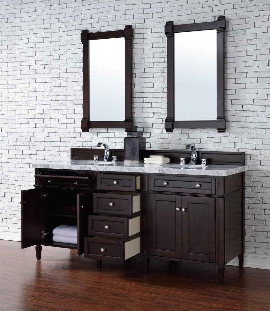 Brittany 72" Burnished Mahogany Double Vanity, Arctic Fall Solid Surface