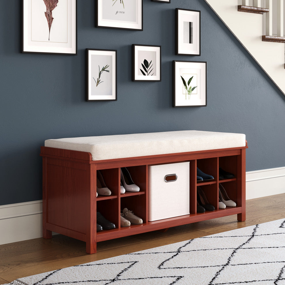 Solid Wood Entry Bench with 1 Bin and 2 Shoe Dividers, Red Mahogany
