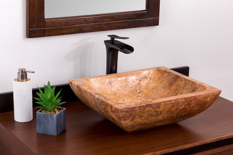 Natural Stone Vessel Bathroom Sink, Rectangular Travertine Sink, Peach
