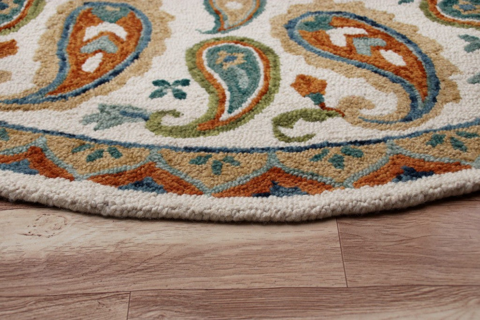 7" Round Orange and White Paisley Area Rug