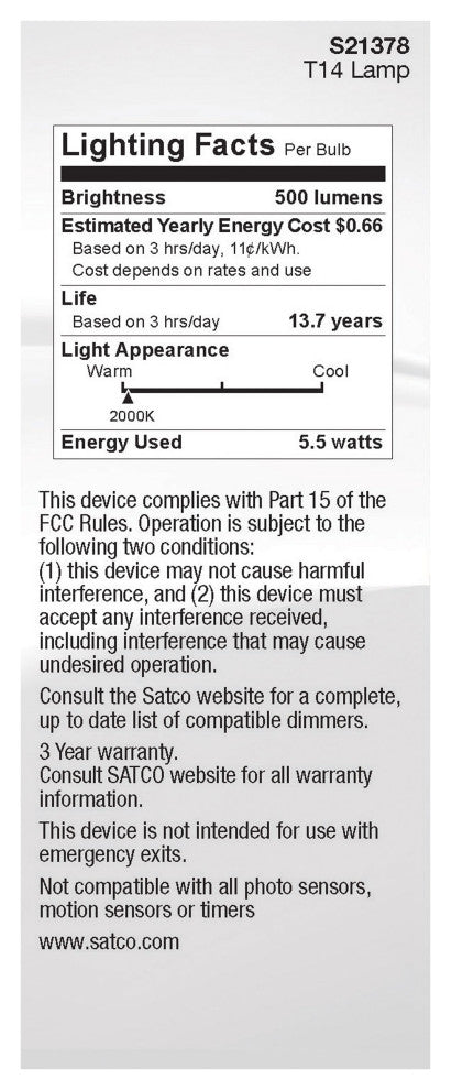 5.5W T14 LED, Clear, Medium Base, 2000K, 500 Lumens, 120V